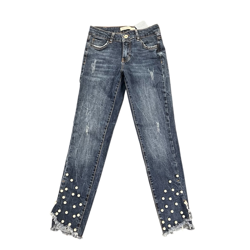 Zara Blue Straight Leg Jeans with Pearl Details Size 2
